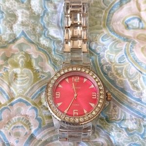 Clear Acrylic Band Geneva Watch Hot Pink Face